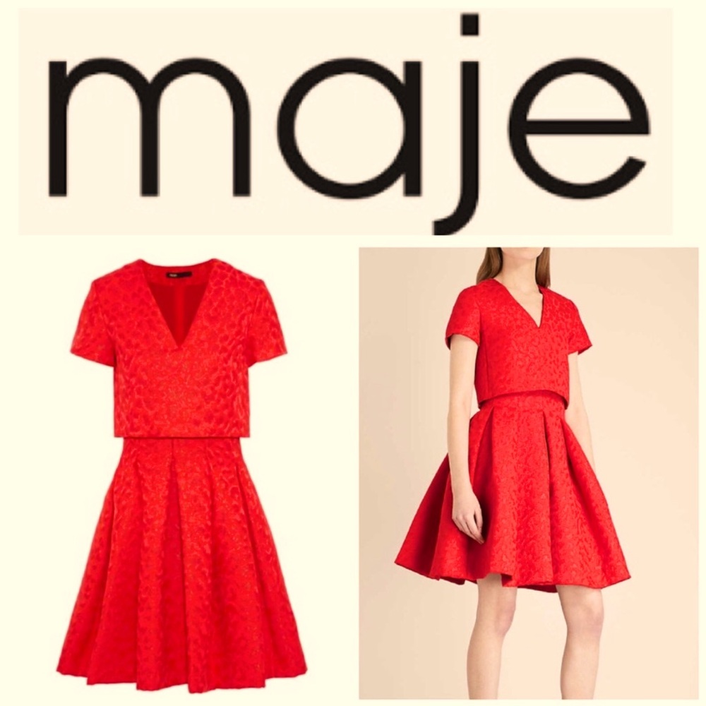 Maje Roleo Pleated Metallic Jacquard Dress Red NEW